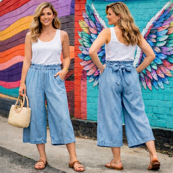 Anthropologie Pants - Anthropologie Holding Horses  Wide-Leg Cropped Culotte  Chambray Tie Back Waist